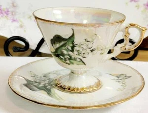 Platillo taza de té pedestal vintage Enesco Japón mayo lirio del valle brillo - Imagen 1 de 1