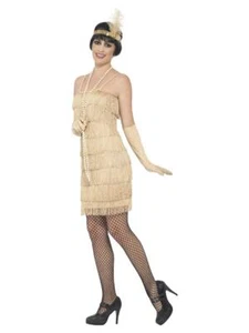 Vestido y accesorios para mujer con flecos dorados década de 1920 elegante vestido disfraz - Imagen 1 de 7