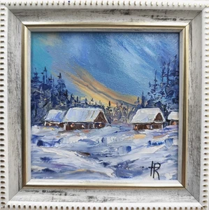 Dipinto olio originale paesaggio invernale piccolo quadro incorniciato 4x4in miglior regalo - Foto 1 di 8