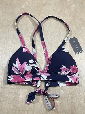 Top de bikini Nautica azul marino y rosa floral tirantes entrecruzados. Talla pequeña nueva con etiquetas Foto 1 de 4