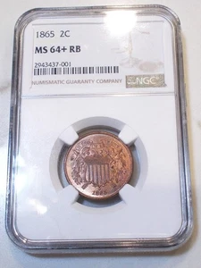 1865 2 CENT PIECE FANCY 5! GRADED MS64+ RB BY NGC! - Picture 1 of 6