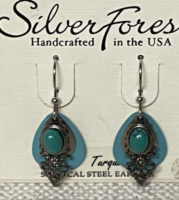 New Silver Forest Turquoise Stone Silver Earrings Layered Surgical Steel - Image 1 of 4