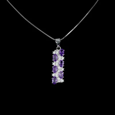 925 Sterling Silver Necklace Oval Amethyst 5x3mm Natural Gemstone Jewelry 18in - Image 1 of 4
