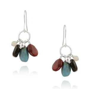 925 Silver Lab Created Turquoise Multi Colored Chips Cluster Dangle Earrings - Picture 1 of 3