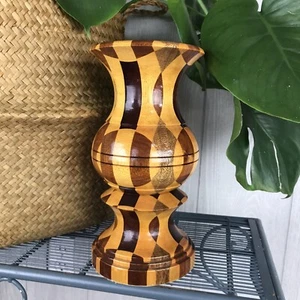 Vintage Segmented Multi Wood Mosaic Hand Turned Vase Two Tone Mid Century Modern - Picture 1 of 8