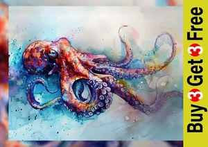Colorful Octopus Watercolor Painting Print 5"x7" on Matte Paper | Ocean Animal - Picture 1 of 17