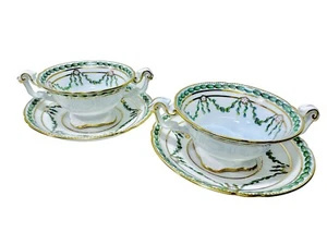Copelands China Spode Gilman Collamore Green Laurel Swag 2 Bouillon Cup & Saucer - Picture 1 of 20