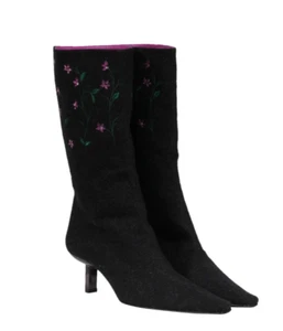 Bruno Magli Women Floral Mid Calf Boots Size 6.5 B Gray Wool Pointed Toe - Picture 1 of 11