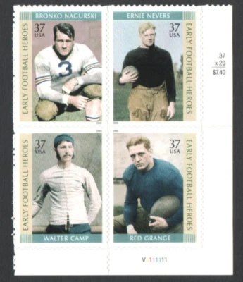 Unused US Postage Block of 37 Cent Stamps EARLY FOOTBALL HEROES Red Grange Walte - Image 1 of 2