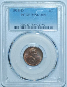 1918 D PCGS MS63BN Brown Lincoln Wheat Cent - Picture 1 of 2