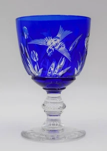 Rare Val St. Lambert Cobalt Blue Cut to Clear Water Glass, Bird - Picture 1 of 7
