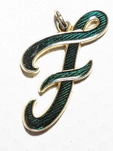 Goldfarben Kursiv Initiale F Grün Emaille Anhänger Buchstabe Monogramm 3" Leuchtend - Bild 1 von 3