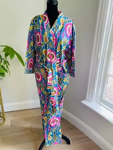 Indian Long Leaf print 100% cotton Blue robe gown Boho women maxi kimono dress - Picture 1 of 5