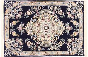 Persian Carpet Nain 9LA 60x90 Hand Knotted Dark Blue Medallion Oriental 1091 - Picture 1 of 6