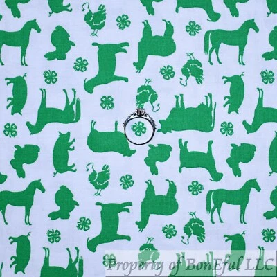 BonEful Fabric FQ Cotton Quilt Green White 4H Club Print Clover Farm Horse Sheep - Image 1 of 4