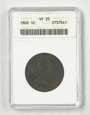 1802 US Mint Draped Bust Large 1 Cent Coin Certified ANACS VF25 ~ Free Shipping - Image 1 of 4