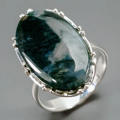 Fine Art 18 ct+ Natural Moss Agate Ring 925 Sterling Silver Size 8 /R424860 - Image 1 of 4