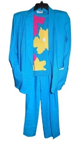 NWT Vintage 80s Womens Rrrruss Teal 3 Pc Pant Suit Sz Med Knit Top Jacket Pants  - Picture 1 of 8