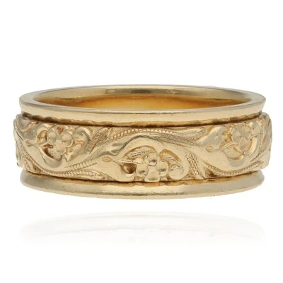 Banda tallada artística 14K amarilla "lírica" ornamentada 8 mm tamaño 10,5 Foto 1 de 3