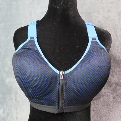 Victorias Secret VSX Sports Bra Womens 36D Black Blue Front Zip Racerback Mesh - Image 1 of 4
