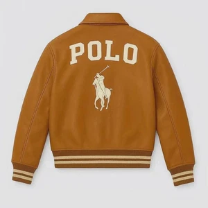 Polo Ralph Lauren Varsity Leather Jacket Brown Jacket with Embroidered Logo - Picture 1 of 3