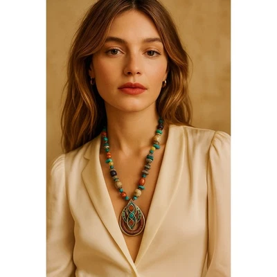 Vintage Chico's Multicolor Beaded Statement Necklace Adjustable Bold Pendant - Image 1 of 4