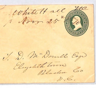 USA Cover 3c Stationery 3c MANUSCRIPT *Whitehall/NC* PEN CANCEL Postmaster XU306 - Image 1 of 4