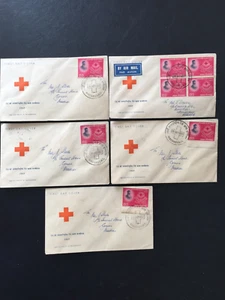 INDIA 1957 15p RED CROSS FDC COVERS (5) POSTED TO MADRAS (4) MALAYA (1) - Picture 1 of 2