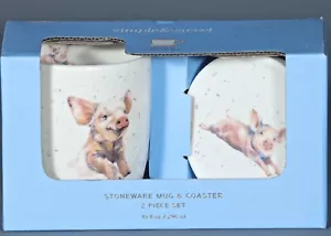 KENT POTTERY SIMPLE & SWEET PINK PIGLET Stonware Mug & Coaster Set - Picture 1 of 2