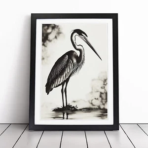 Heron Ink Wash Framed Canvas Wall Art Print Poster Picture, Home Decor - Picture 1 of 8