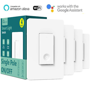 4 PACK Smart Light Switch ON-OFF In-Wall Single-Pole 15A White WiFi Smart Alexa