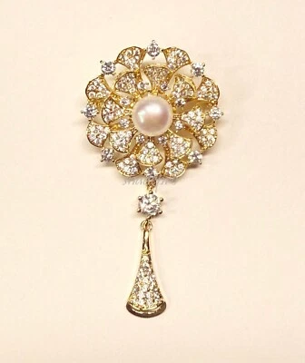 Glorious 8mm White Edison Pearl Gold Blooming Flower Chest Brooch Pin for Gift - Image 1 of 4