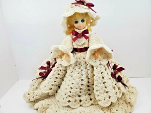 Vintage Plastic Doll With Crocheted Dress With Hat Blonde Hair Blue Eyes - Picture 1 of 7