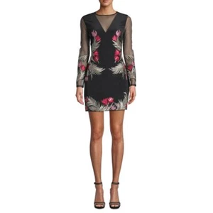 NICOLE MILLER Women's Flower Embroidered Mesh Illusion Silk Sheath Dress 0 TEDO - Picture 1 of 2