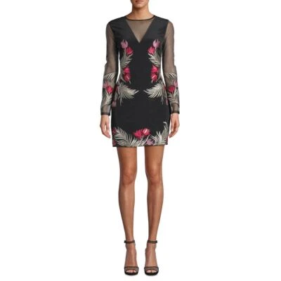 NICOLE MILLER женщин цветок вышитая сетка иллюзия шелк оболочка платье 0 TEDO - Изображение 1 из 2