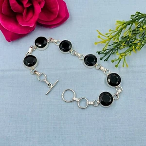 925 Sterling Silver Black Spinel Gemstone Handmade Jewelry Chain Bracelet - Picture 1 of 4