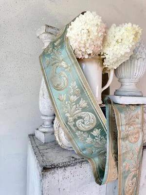 Borde tejido azul hielo damasco seda antiguo de 2,6 yardas para almohadas país francés  Foto 1 de 4