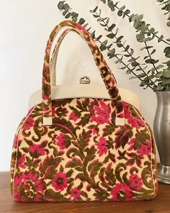 1950s Pink & Green Floral Chenille Handbag, 50s Vintage Purse, Rockabilly Mod - Picture 1 of 9