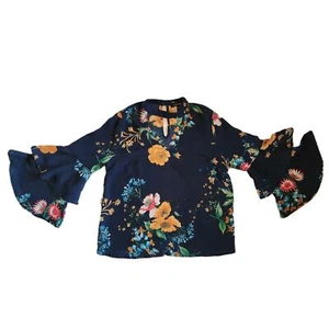 Eifersüchtiges Damen-Glockenärmeloberteil mit Tomatenlagen in marineblau mit Blumenmuster Gr. L - Bild 1 von 10