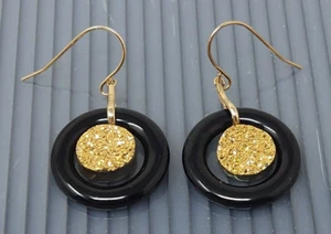 Vintage JCM 14K YELLOW Gold ITALY GENUINE DRUZY QUARTZ Dangle Pierced Earrings - Picture 1 of 4