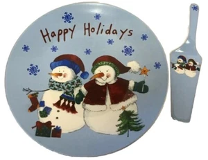 HAPPY HOLIDAYS 12" Kuchen/Plätzchen, Hostess Teller Platte blau mit zwei Schneemenschen - Bild 1 von 5
