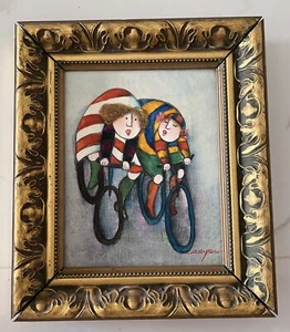 Joyce Roybal Signed Framed Oil Painting on Canvas Bicycling Bike Family Children - Picture 1 of 3