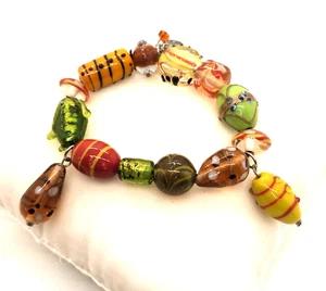 Artisan Multicolor Lampwork Art Glass Bead Stretchy Bracelet - Picture 1 of 3