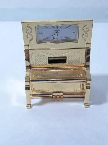 Vintage BULOVA Player Piano Mini Desk Clock Metal Gold Tone Cover