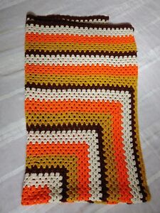 Vintage 70s Inspired Retro Orange Multi Colored Handmade Crochet Blanket Afghan
