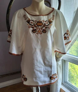 Vintage Hungarian Blouse Embroidered Peasant Top Ethnic Folk Shirt Sz L NWT - Picture 1 of 8
