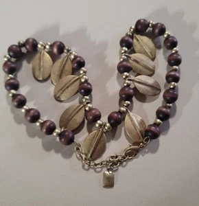 Ralph Loren Vintage Gold Tone & Brown Beaded Necklace With Hanging Leaf (P7) - Picture 1 of 4
