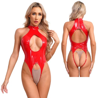 Damen Bodys Lackleder Cut-Out Catsuit Trikot Glänzend Overall Sexy Nachtwäsche - Bild 1 von 4