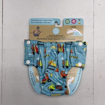Charlie Banana Reusable Swim Diaper Snap Blue Construction Size Large New - Image 1 of 4