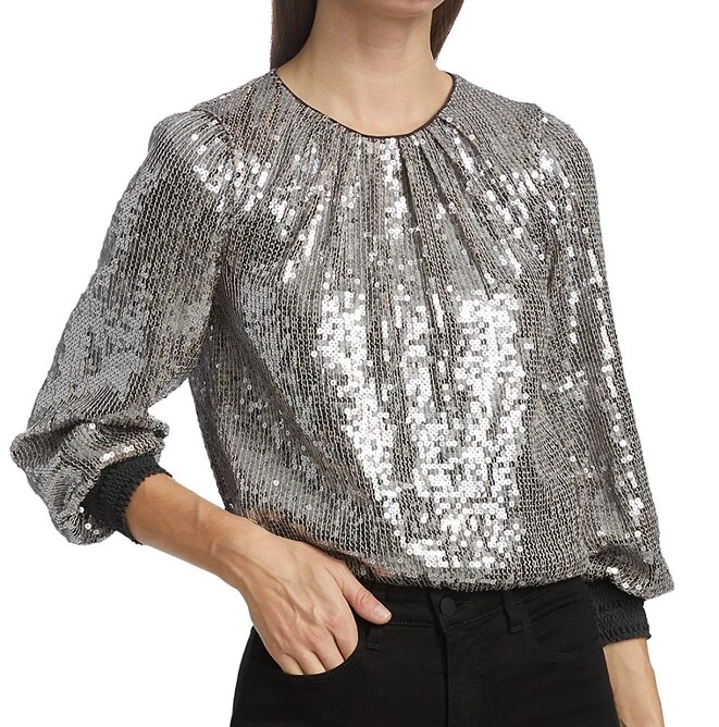 Nuevo con etiquetas - Top corto Alice + Olivia 'Ávila' con lentejuelas, plateado/metal - talla XSmall Foto 1 de 3